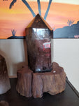 Natural polished Smokey Quartz point on wood stand