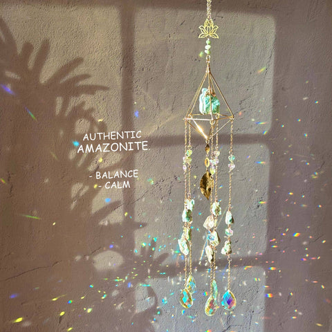 Amazonite Crystal Suncatcher - Calming Gemstone Lotus Design