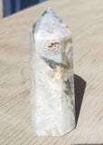 Natural polished Green Moss Agate point with druse
