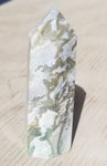 Natural polished Green Moss Agate point with druse
