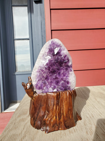 Natural polished Amethyst druse on stand